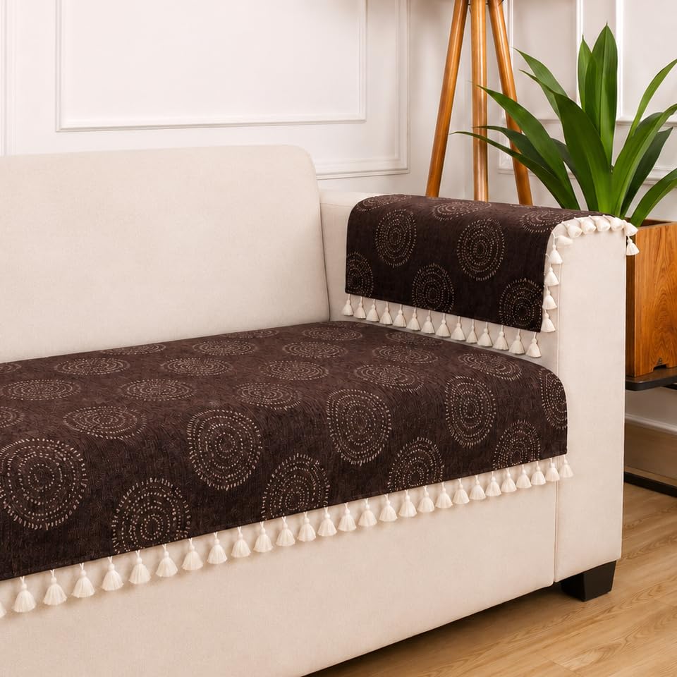 STITCHNEST Woven Fabric Sofa Cover 1 Seater with 2 Hand Rest Covers – Washable Brown Sofa Cover with Tassels – Durable Premium Fabric – Stylish Sofa Protector for Living Room & Furniture Decor