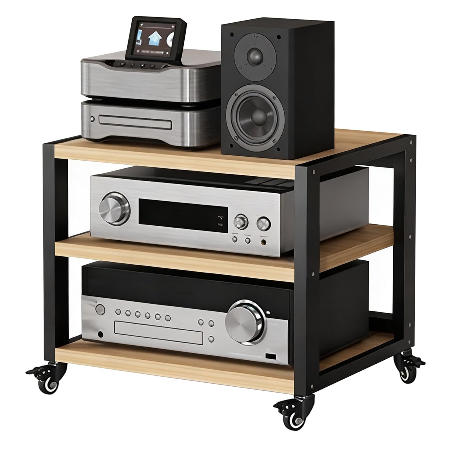Stojak na komponenty audio 2/3/4/5-poziomowy z kółkami, wytrzymały stojak na sprzęt audiowizualny, wzmacniacz HiFi, przechowywanie w domu gramofonu, sprzętu audio/wideo (czarno-brązowy, dł. 55 x