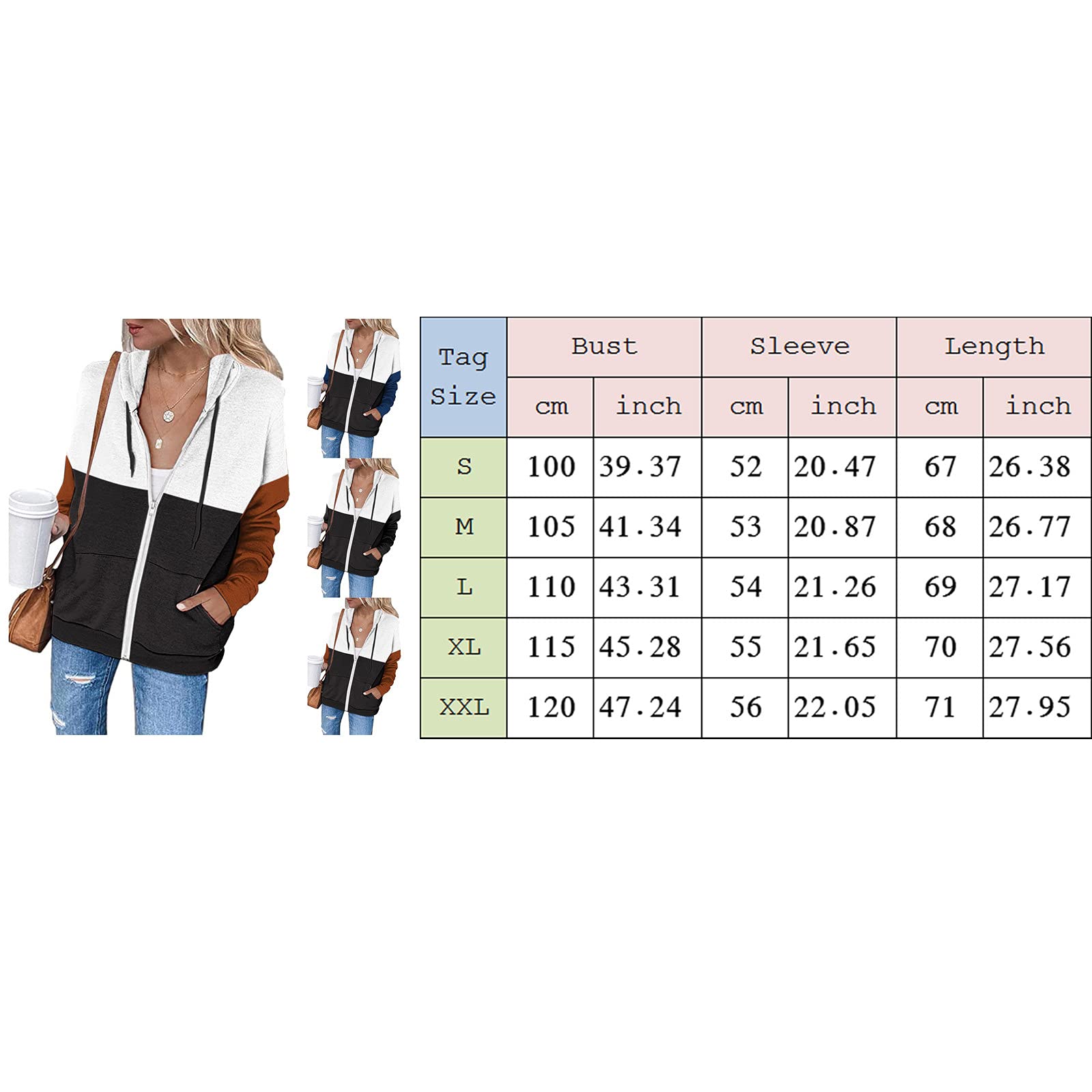 Sweat Zippé Femme Bicolore Patchwork - Coupe Oversize, Capuche, Poches | Léger, Confortable, Pour Mi-saison, Sport Décontracté