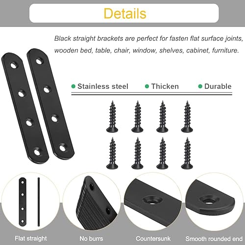 Miniatura 3 de Paquete de 8 soportes de soporte rectos negros de 4 pulgadas, placas de reparación planas de acero inoxidable, soportes de unión de reparación