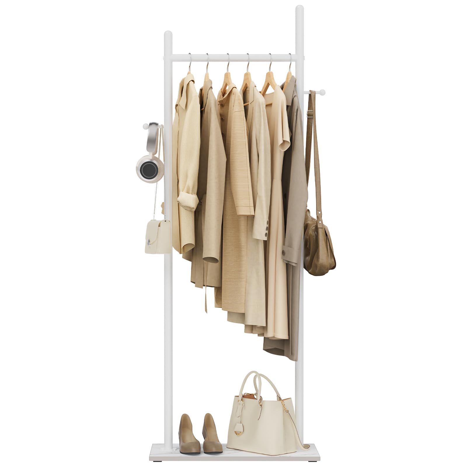 OUTBORS Metall Perchero de Pie, Burro para 50x30x175 cm, Blanco | Gran Perchas Independientes Moderno con Placa Inferior de Roca Gruesa y 2 Ganchos, Bastidor resistente