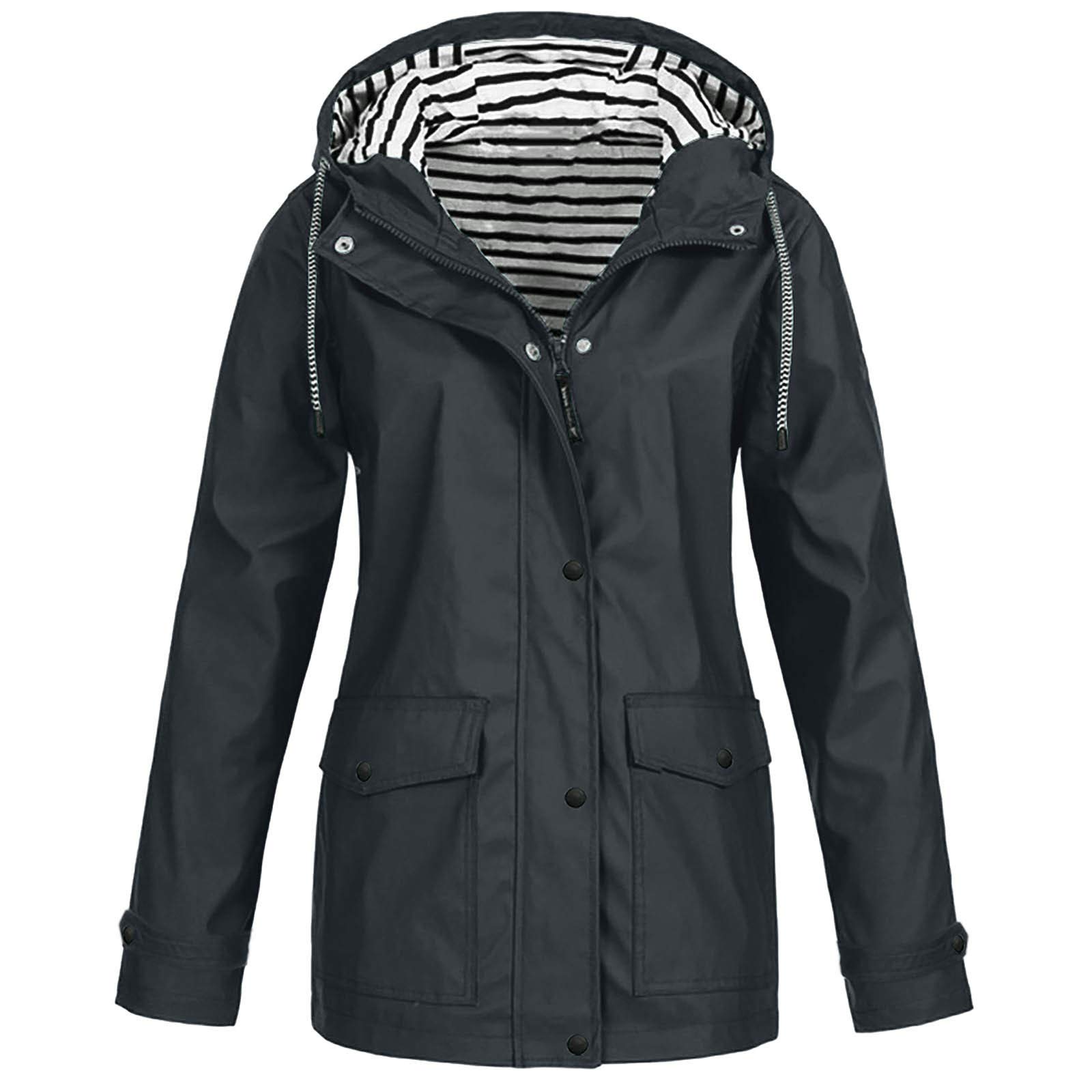 BOTCAM Women's Rain Jacket Large Sizes Waterproof: Windbreaker with Striped Lining Hood Thin Transition Jacket Windproof Plain Functional Outdoor Jacket S - 5XL