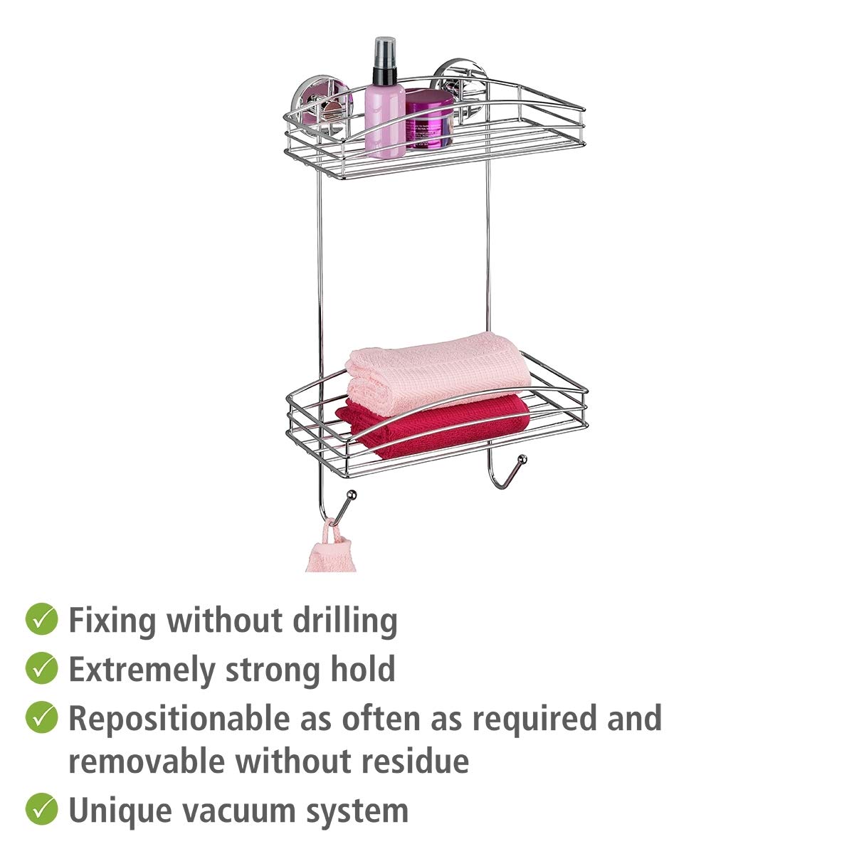 WENKO Vacuum-Loc regał ścienny, 2 półki i 2 haczyki, półka ścienna bez wiercenia, półka prysznicowa z mocowaniem próżniowym, regał do łazienki i kuchni, chromowany metal, 26 x 44 x 15,5 cm