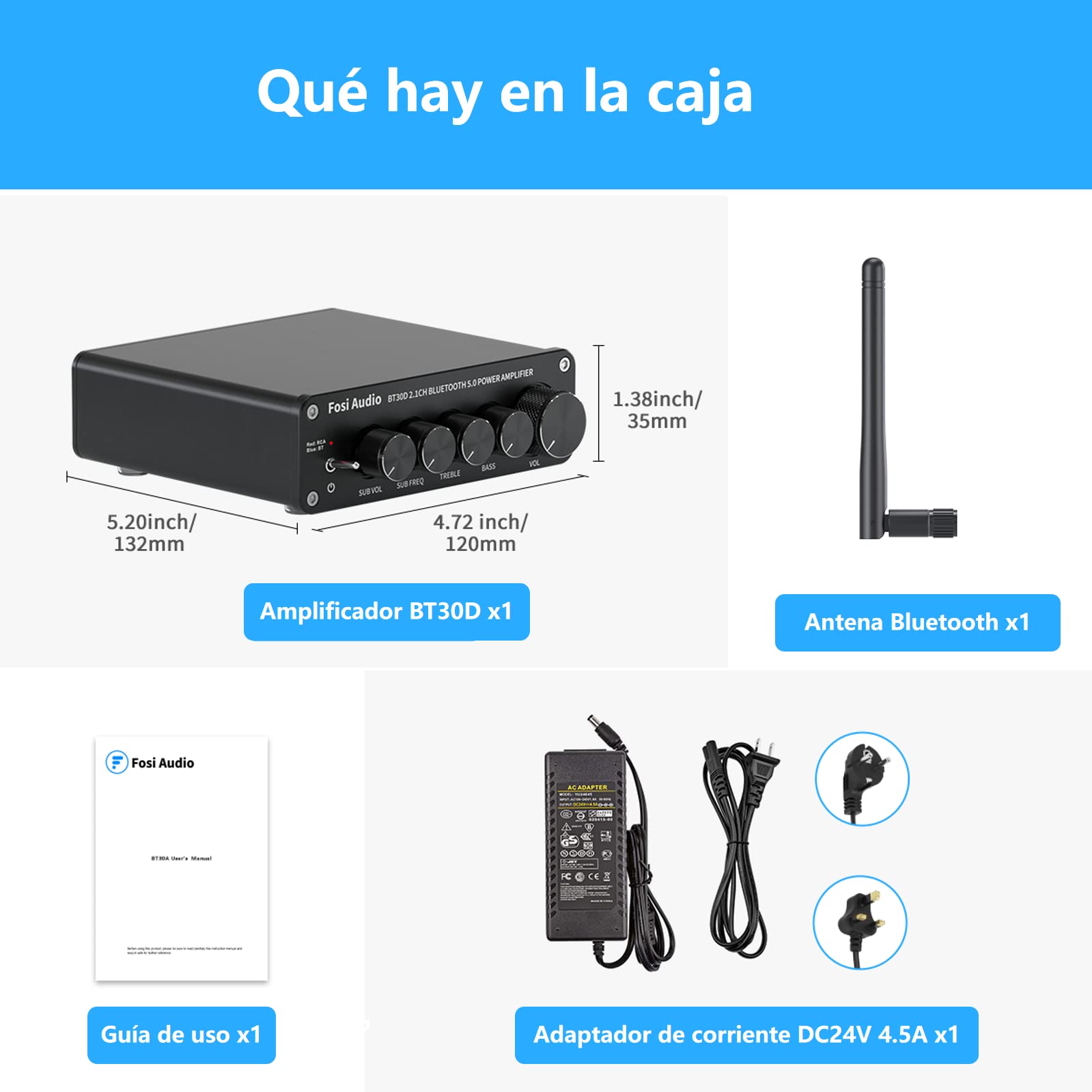 Fosi Audio BT30D Bluetooth 5.0 Amplificador Receptor de Audio Estéreo 2.1 Canal Mini Hi-Fi Clase D Amperio Integrado, 50 Watt x2+100 Watt para el Hogar Altavoces Pasivos de Exterior/Subwoofer