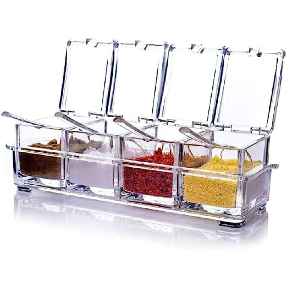 FreshDcart Fdca389 Transparent 4 Grid Acrylic Spice Box | Seasoning Box | Spice Kit With Serving Spoons For Spice Pepper Salt Masala Kitchen (Pack Of 1 Transparent), Beige (B0BTP84R34) Amazon Price History, Amazon Price Tracker