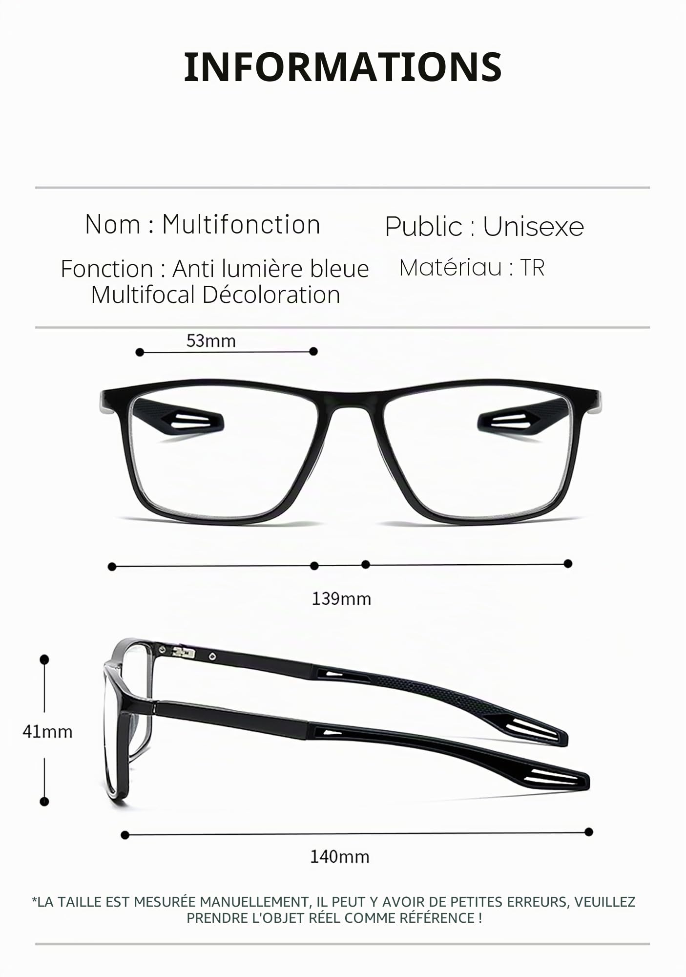 Lunettes M4 (-) si la vision de loin est réduite. Verres CR39 antireflets photochromiques (obscurcissement moyen nécessite une exposition directe au soleil en plein air). Anti-lumière bleue