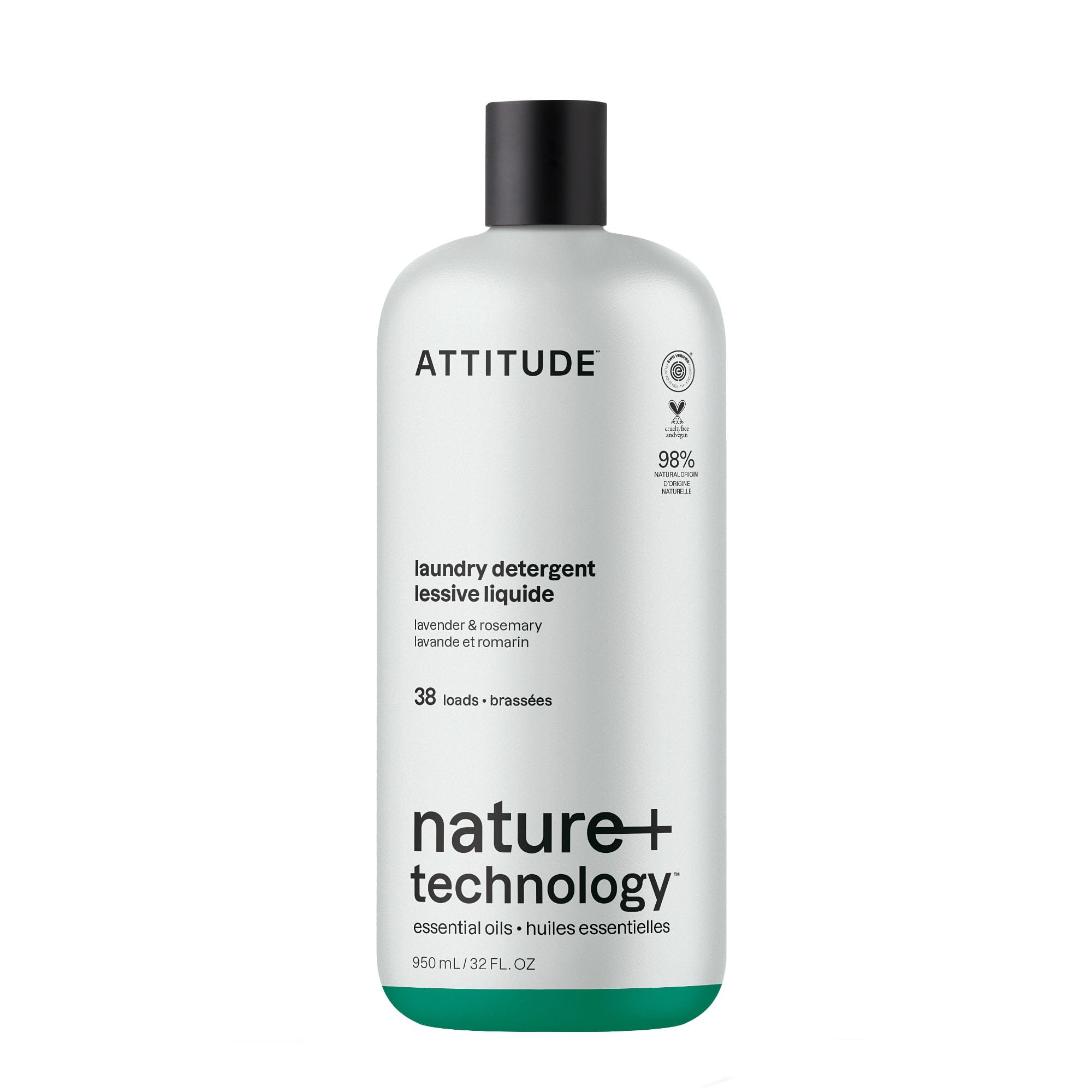 ATTITUDE Laundry Detergent Liquid, Natural Origin Ingredients, EWG Verified, High Efficiency (HE), Infused with Essential Oils, For White and Colored Clothing, Lavender & Rosemary, 38 Loads, 32 Fl Oz