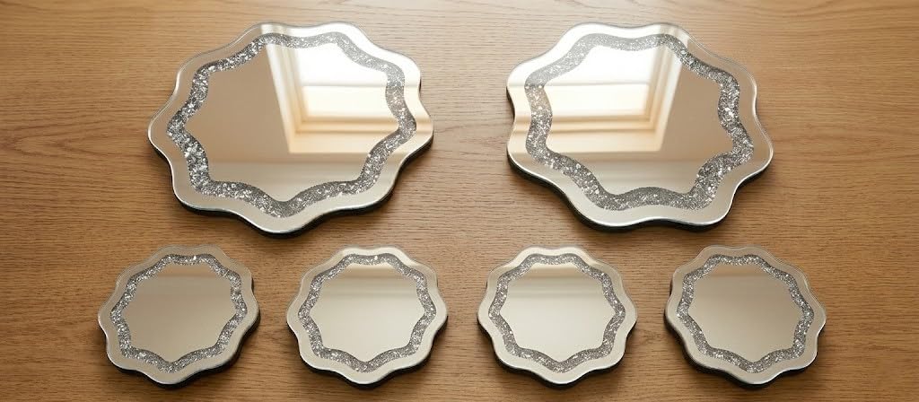 DEENZ Set Of Silver Glass Crushed Crystal Jewel Loose Diamond Wavy Shape 4x Coasters and 2x Placemats Kitchen Dining Table Centrepiece 25Cm (4x Coasters & 2x Placemats)
