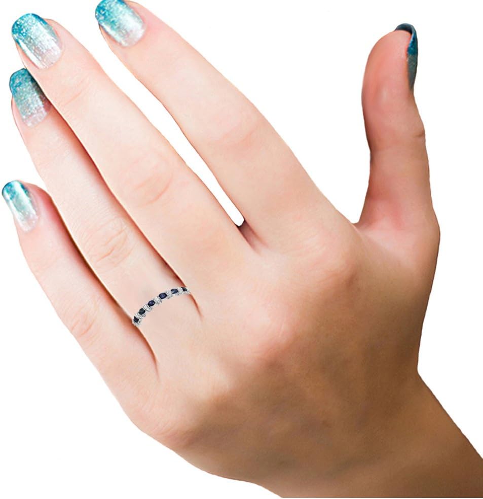 Dazzlingrock Collection 14K Real Solid Gold Round Blue Sapphire And White Natural Diamond Bridal Stackable Wedding Band Anniversary Ring - Image 7