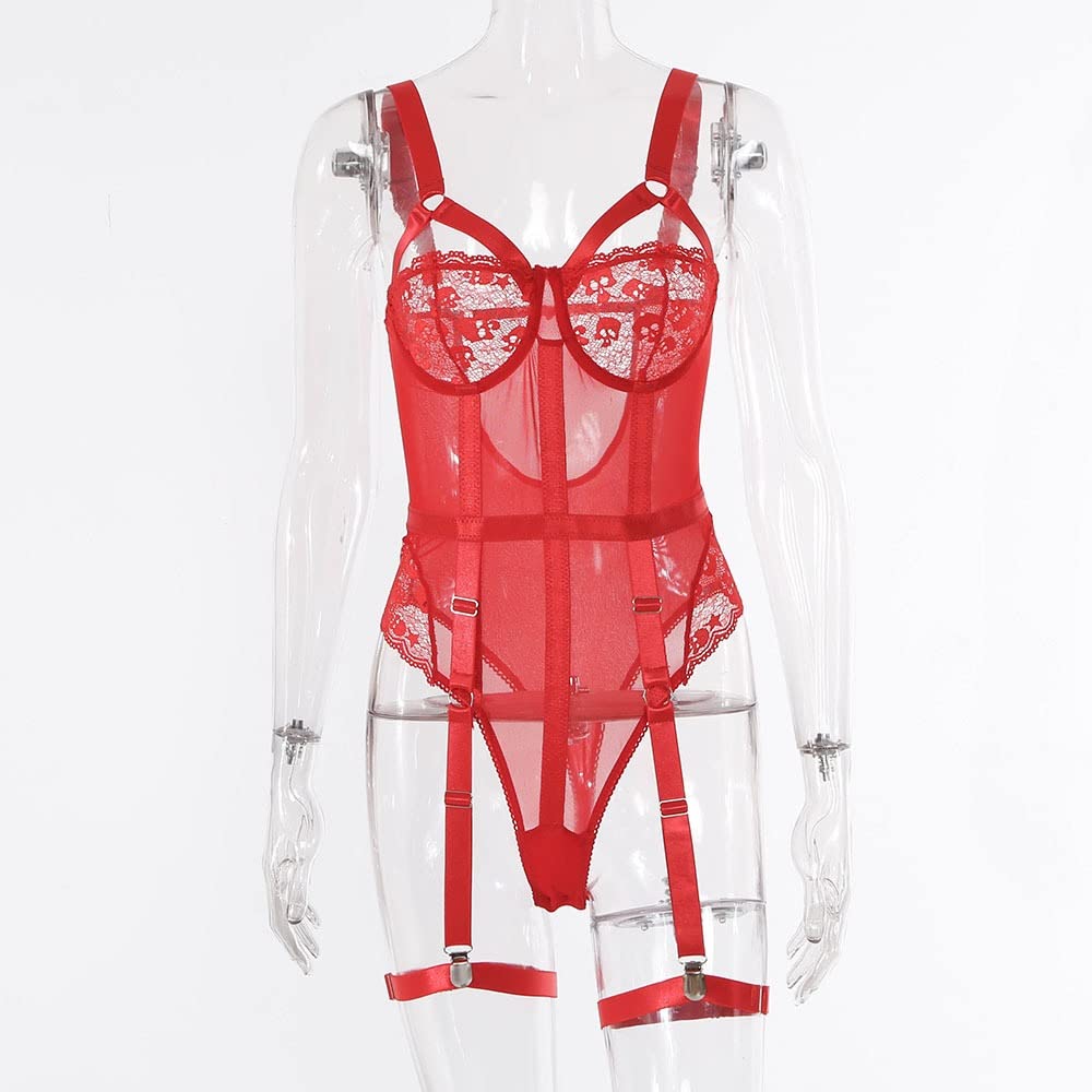 Czerwone body damskie Bodycon koronkowe drążą fiszbiny bielizna body bez rękawów (kolor: A, rozmiar: kod S)