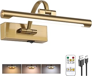 Rechargeable Picture Light with Remote Control,12 Inch Brass Finish Adju...