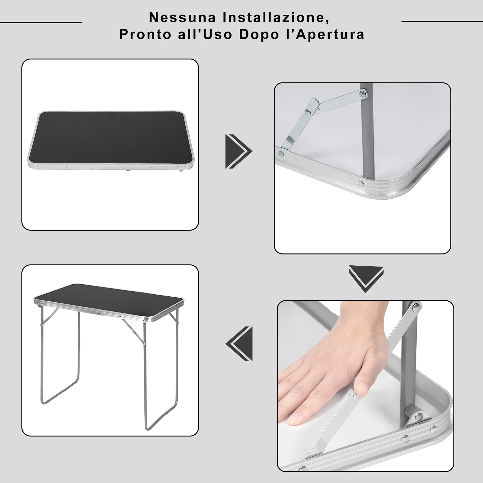 eSituro Tavolo Campeggio, Tavolino Pieghevole da Giardino, Tavolo da Balcone, con Maniglia in Gomma, Tavolo Picnic 80x50x70 cm, in Alluminio e MDF, Carico 20 kg, Nero