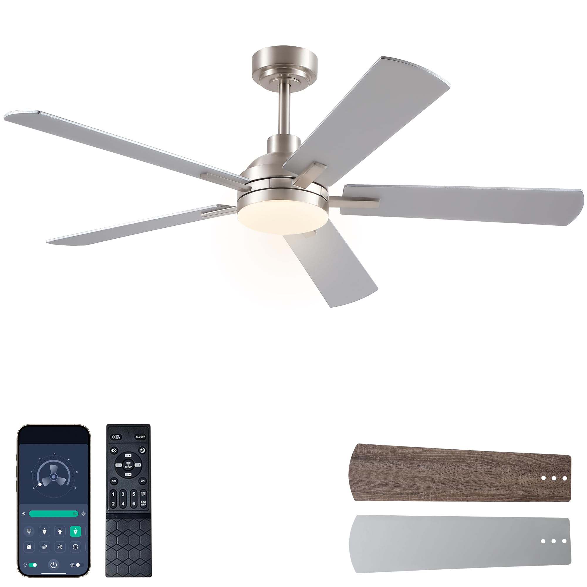 Ceiling Fan with Light,52"Low Profile Modern Flush Mount Ceiling Fan Nickel