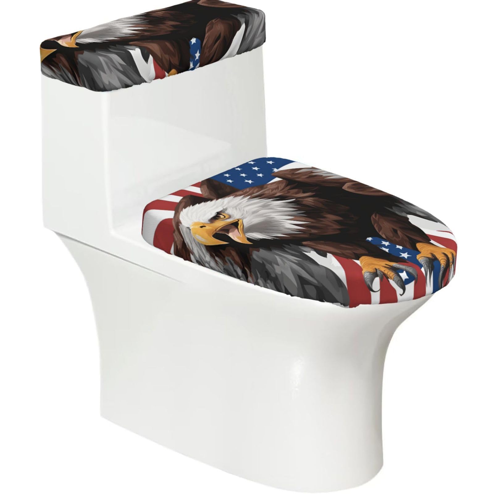 Eagle With Usa Flag Print Stretch Toilet Covers Set, Polyester Covers Replacement For Fits Most Size Lids Bathroom Decor
