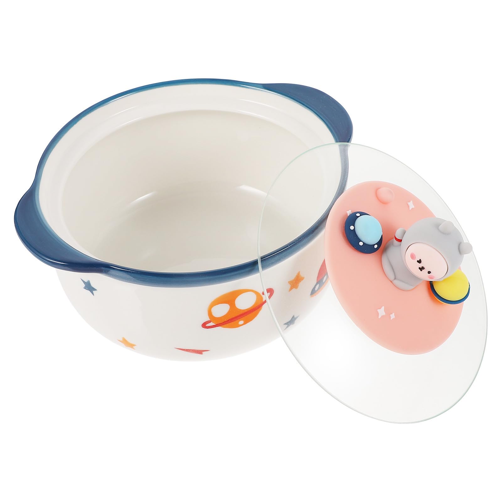 SHOWERORO Tazón de Fideos Creativo 800ml de Cerámica Tapa para Sopa | Blanco, Diseño Espacial y Estilo Tierno, Fácil de Limpiar, para Familias y Uso en Cocina