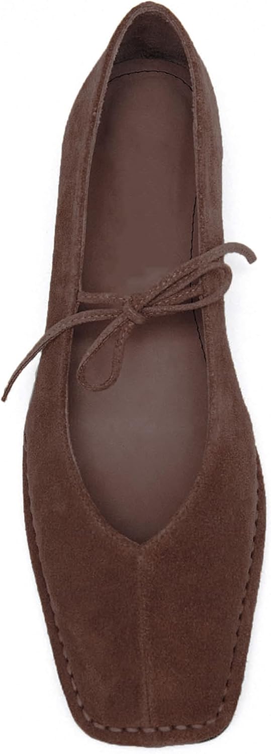 Lace Up Ballet Flats for Women Bow Square Toe Mary Jane Flats Cute Slip On Leather Ballerina Flat Shoes