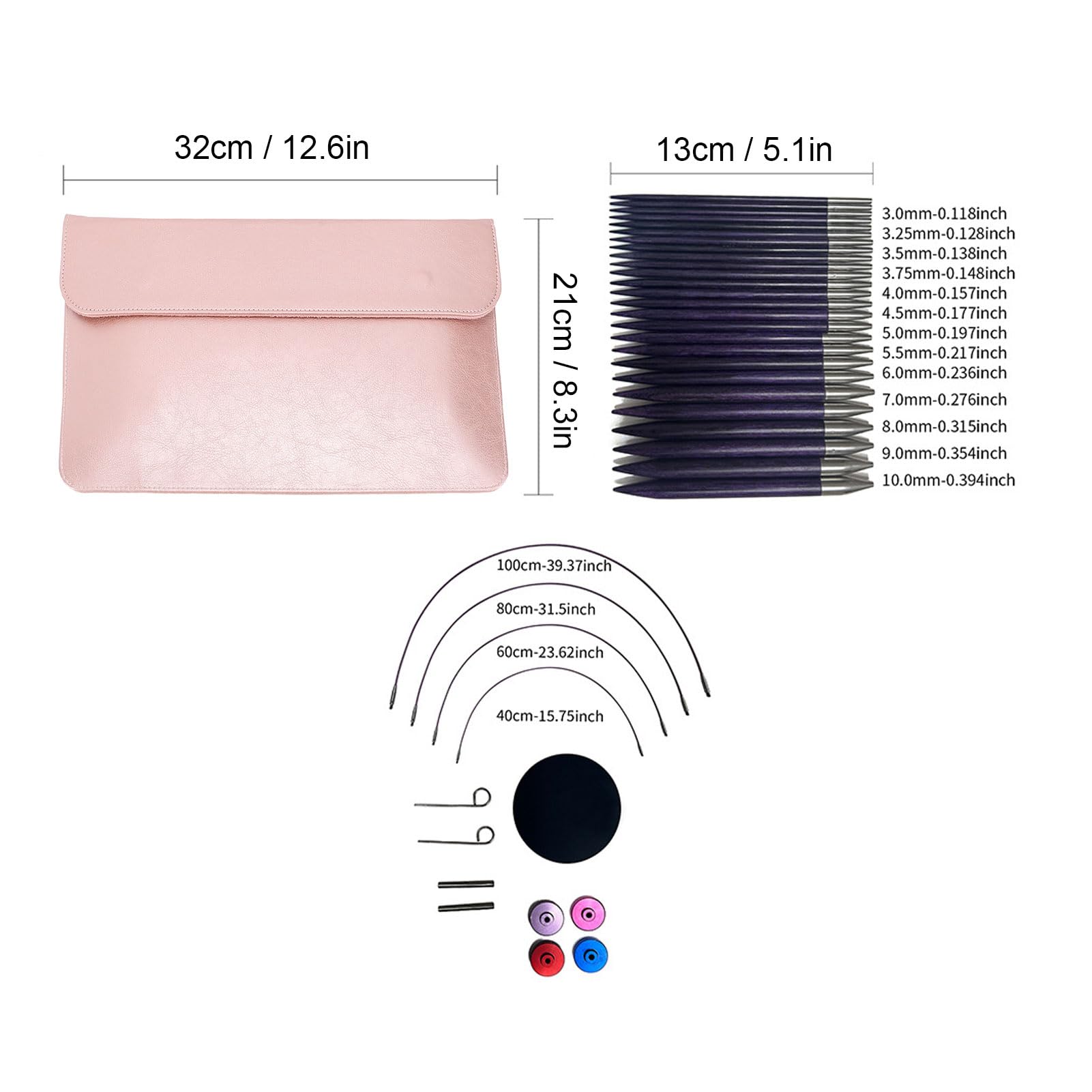 Rundstricknadel-Set, abnehmbare Nadeln für den Heimgebrauch, 13 Paar Kabel, 3,0–10,0 mm, 13 cm Länge