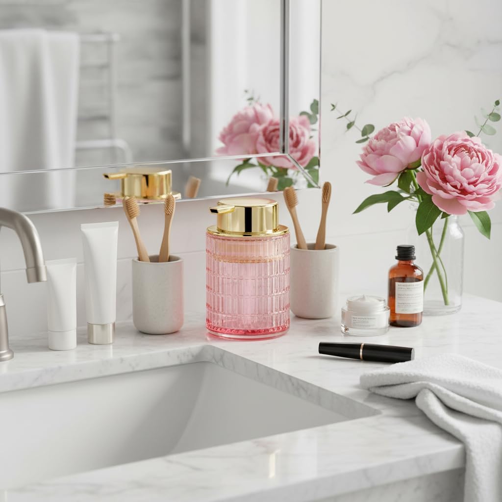 2pcs Foaming Soap Dispenser, Pink Glass Foam Soap Dispenser for Bathroom and Kitchen, 10 Oz Refillable Foaming Pump Bottle with Large Pump, Ribbed Bottle Container Decor
