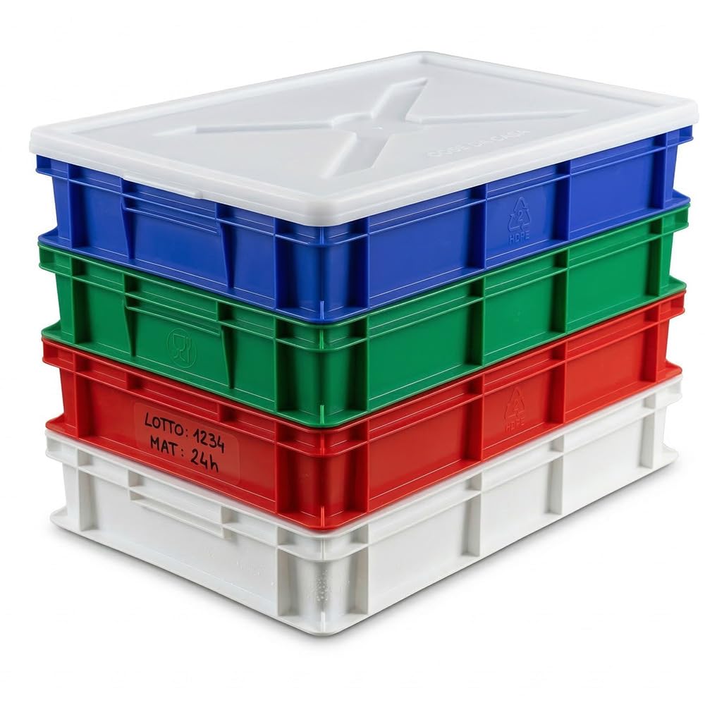 Kit 4 Cassette Porta Impasto Pizza Professionali 60x40x10 cm HDPE con Coperchio Set Multicolore Bianco Rosso Verde Blu per Lievitazione IMPASTI HACCP ANTICONTAMINAZIONE ALIMENTARI Capacità 20 Litri