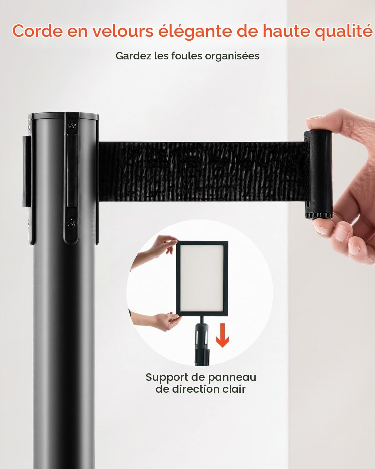 VEVOR Poteau de guidage, 8 pcs, barrière de balisage pour contrôle de foules, avec base creuse, poteau en acier au carbone, sangles rétractables et 2 supports de panneau, pour théâtre, fête, mariage