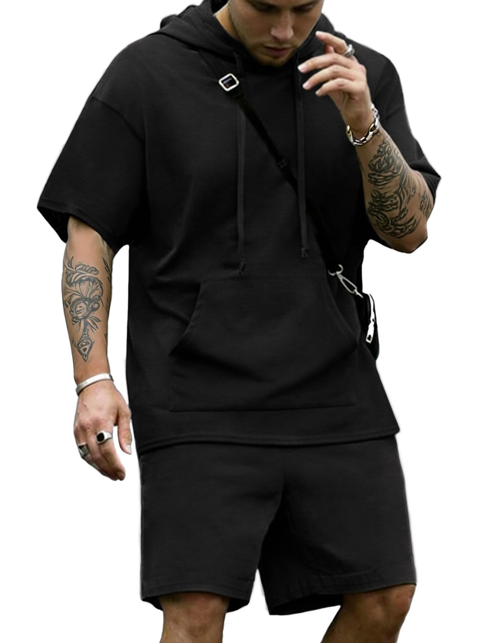 COOFANDY Men's Tracksuit 2 Piece Hooded Athletic Sweatsuit Short Sleeve Casual Sports Hoodie Shorts Set