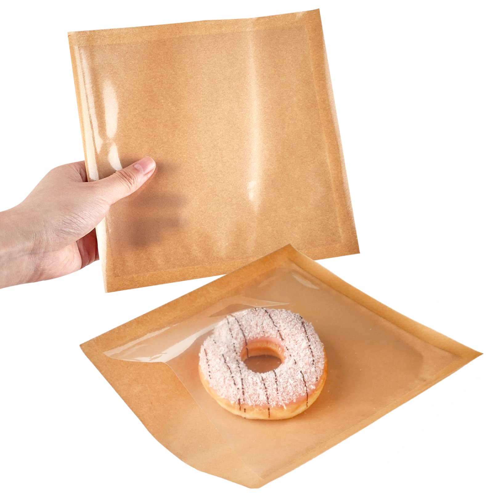 100PCS Kraft Paper Bakery Bags With Window - 7.1x7.5 Inch Donut Bags With Seal Stickers