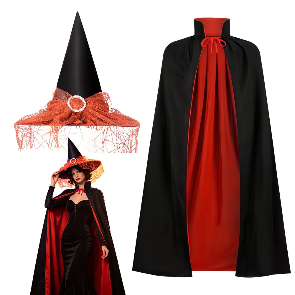 Halloween Vampire Cape, Halloween Cape with Witches Hat, Fancy Dress Accessory Witch Cape Hat for Halloween Party Cosplay - 90cm