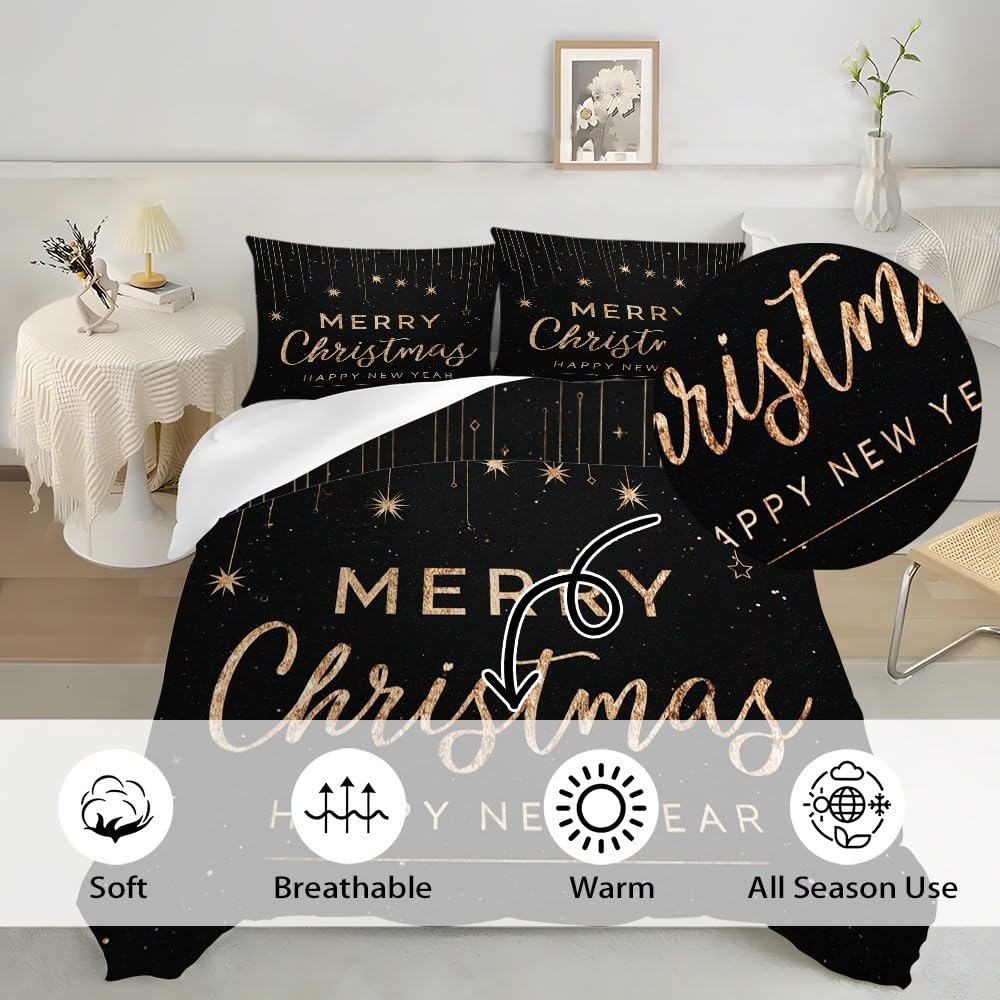 Komplet pościeli na łóżko podwójne, 180 x 200 cm, motyw Bożego Narodzenia i Nowego Roku, 3-częściowy zestaw pościeli, hipoalergiczna, miękka mikrofibra, czarna, nadaje się dla dzieci i dorosłych