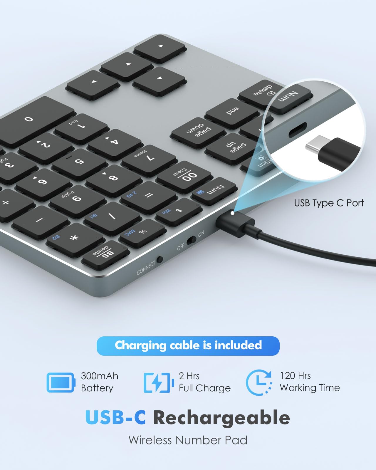 MoKo Tastiere Numeriche Bluetooth, Tastiera Wireless Ricaricabile a 35 Tasti, Keypad Wireless Bluetooth 2.4 GHz, Tastierino Numerico Bluetooth per Laptop Computer Tablet MacBook iPad, Grigio Scuro