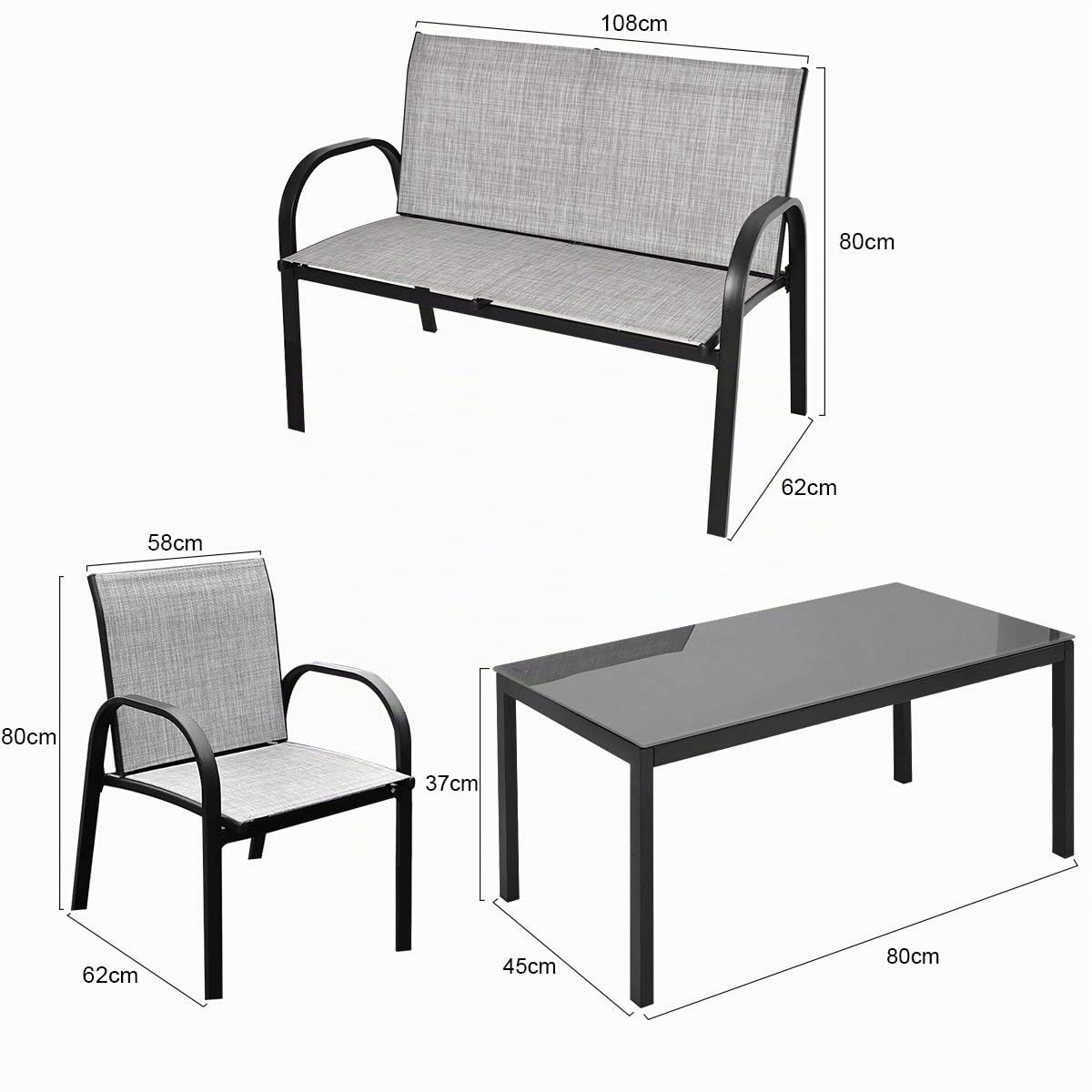 COSTWAY Conjunto Jardin Exterior de 4 Piezas, Tela Textilene, 2 Sillones,1 Banco de 2 Plazas y 1 Mesa de Centro de Hierro, Muebles Jardin Exterior Terraza Balcon (Gris)