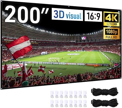 Japard Pantalla de proyector de 200 pulgadas para exteriores e interiores, 4K Full HD 3D 169 proyección de doble cara, plegable, portátil, montaje