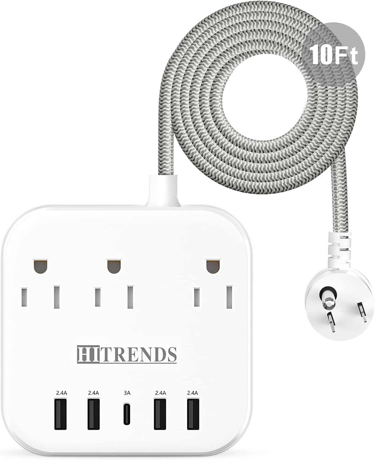 Power Strip, HITRENDS Surge Protector with 3 Outlets 4 USB Ports & 1 Type-C Port (5V/3A), Angled Flat Plug, 10ft Braided Extension Cord & ETL Listed Power Outlet for Cruise Ship Travel Home Office