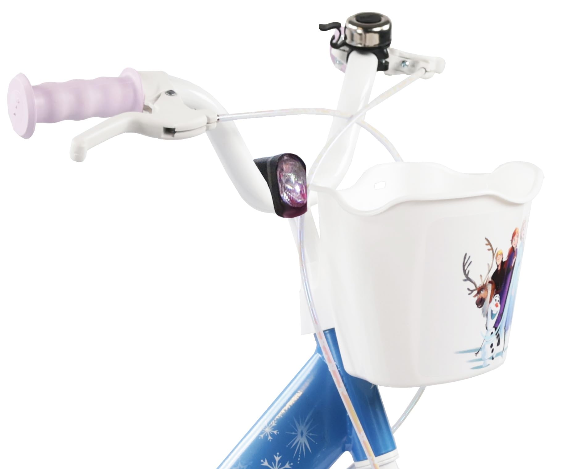 Vélo Reine des Neiges 14'' Fille équipé de 2 Freins Caliper - Roue Libre - Pneus Gonflables - Jantes aciers avec Rayons - Panier Avant - Porte-poupée arrière - Garde-Boue - 2 Stabilisateurs