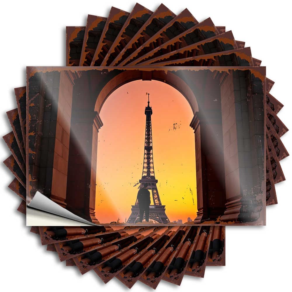 Stickers Boys Bedroom Decorations Durable Vinyl - Eiffel Tower Silhouette Through an Archway At Sunset Hard for Adult Use(8X12CM)
