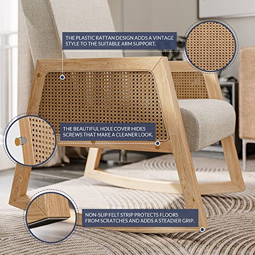 Belleze Rocking Chair, Wide Seat Rocking Armchair With Cushion And Rattan Armrests, Linen Fabric Nursery Chair, Upholstered Rocking Accent Chair For Nursery Living Room Bedroom - Belgian (Beige) #TOP4