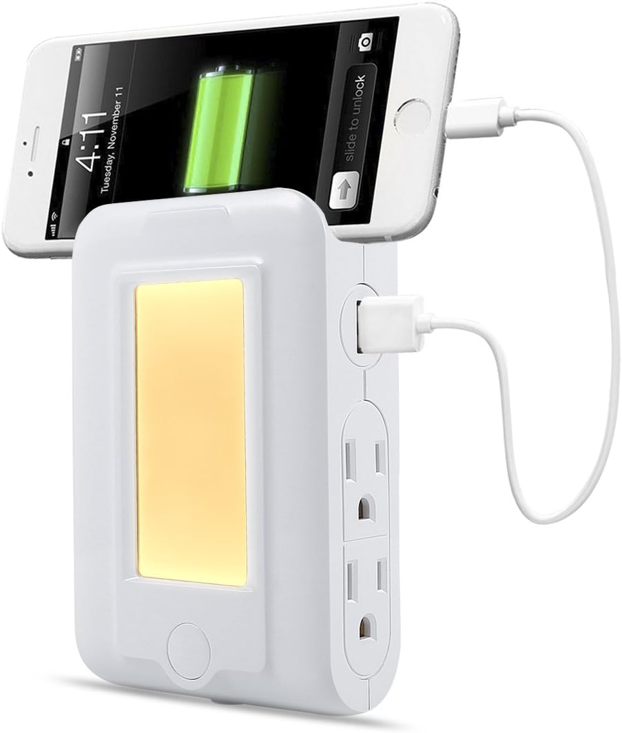 USB Wall Charger Charging Station, TryLight Power Strip with 2 USB Ports and 4 AC Outlets, LED Sensor Night Light & Phone Holder (White)