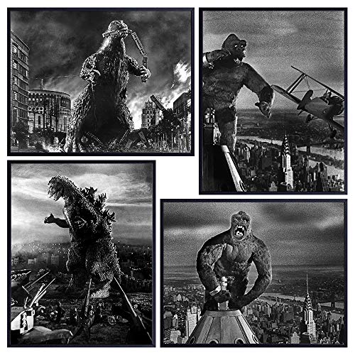 Godzilla - King Kong - Godzilla Vs Kong - Vintage Horror Movie Poster Set - 8x10 Classic Movies - Scary Movie Wall Art Decor - Monster Movies - Home Theater Room, Boys Bedroom, Man Cave Decorations