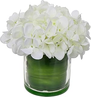 Hydrangea Artificial Flowers in Vase Real Touch White Fake Hydrangea Flower in Glass Vase Silk Faux Flower Arrangement for Home Office Bathroom Wedding Table Centerpiece Decor