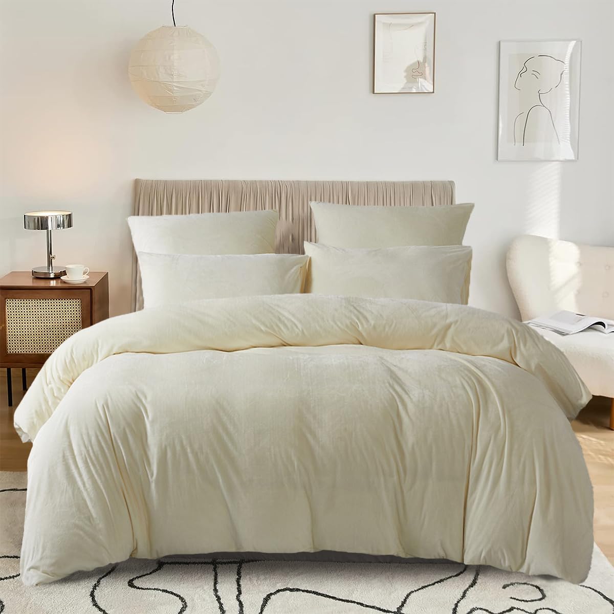 DXHOME Ropa de cama de forro polar, 220 x 240 cm, color beige y crema, cálido, mullido, de forro polar, de microfibra, ropa de cama de invierno con cremallera y 2 fundas de almohada de 80 x 80 cm