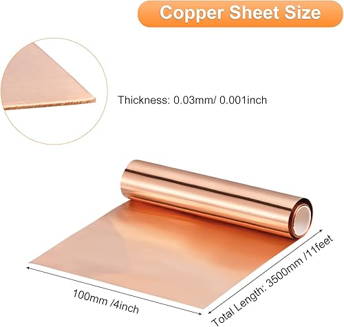 Miniatura 2 de uxcell Rollo de lámina de cobre de 137.795 in x 3.937 in x 0.001 in, tira de cobre puro 99.9% de 4 pulgadas x 11.5 pies, placa de aluminio de cobre
