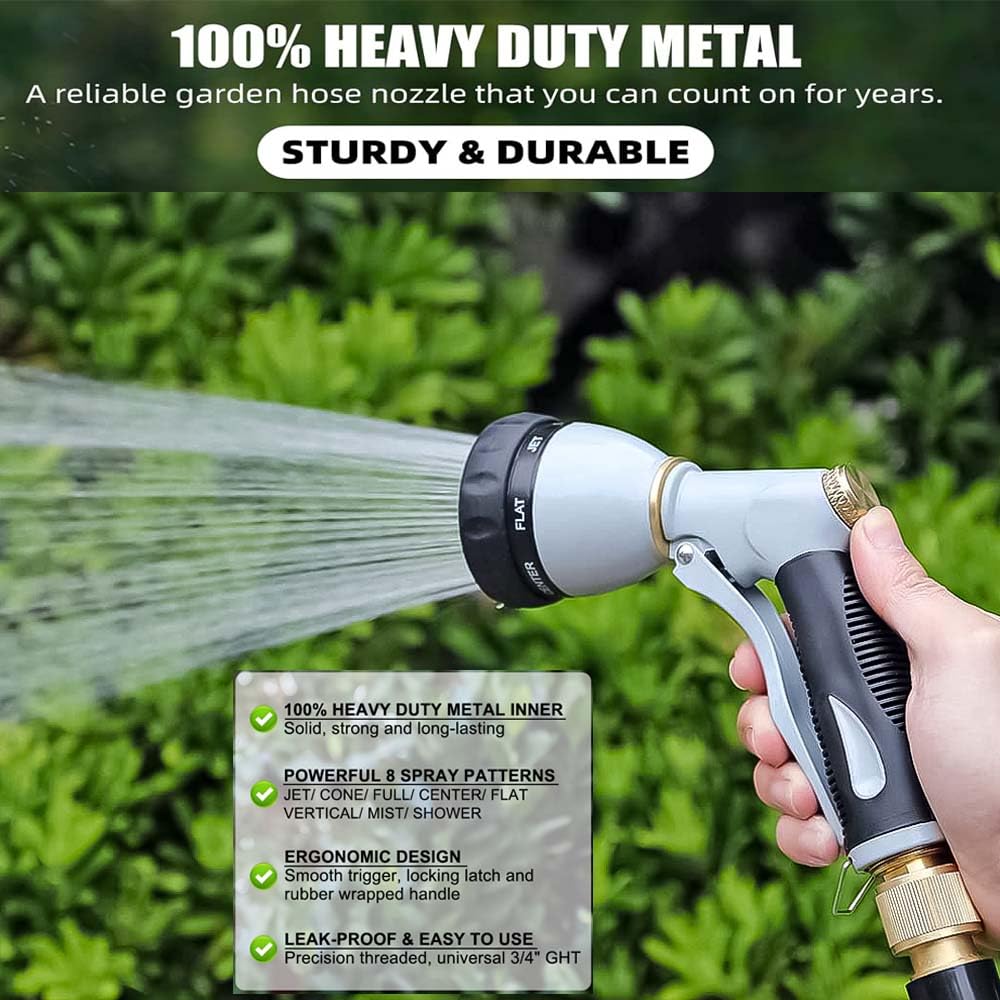 Boquilla de manguera de jardín resistente, 100% metal de alta presión, boquilla rociadora de manguera de agua con 8 patrones de pulverización ajustables, pulverizador de manguera de agarre