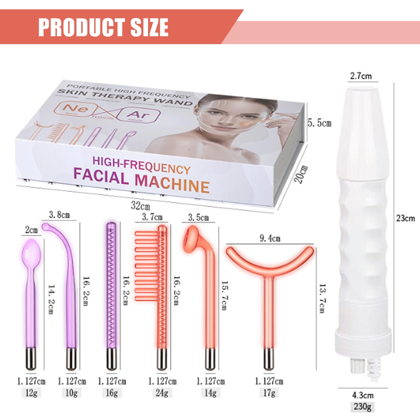 Hochfrequenzstab Gesicht mit 6 Neon Argon Röhren, Tragbares Hochfrequenzgerät für Hautstraffung, Aknebehandlung, Faltenreduzierung, Geschwollene Augen & Gesichtsmassage