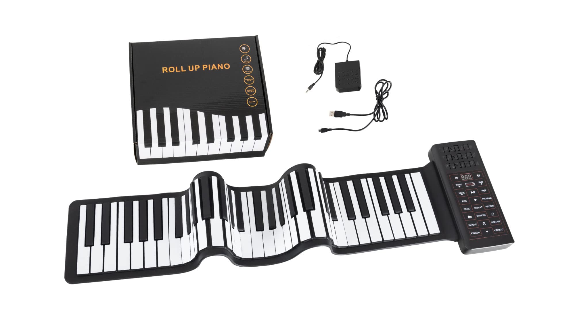 McGrey RA-61 Rollpiano con Batteria, Generale, 61 tasti in silicone | 128 timbri, 128 ritmi di accompagnamento, 14 brani demo, Display LED, Interfaccia MIDI-USB, Uscita cuffie, Ingresso microfono