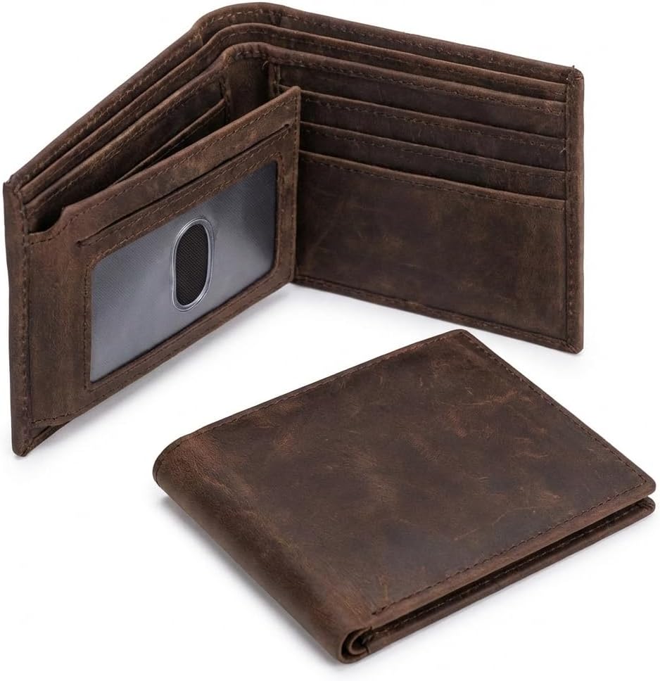 Full-Grain Leather Bifold Wallet for Men | RFID Blocking, 9 Card Slots, ID Window | Chestnut Brown
