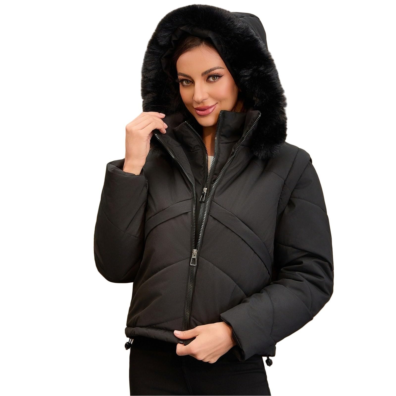 Chaqueta Mujer Abrigo Entretiempo Invierno Cazadora Plumiferos，Chaqueta Corta Mujer con Capucha Desmontable y Manga Removible Dos Piezas Cálida Otoño Invierno Estilo Moderno Diario Oficina