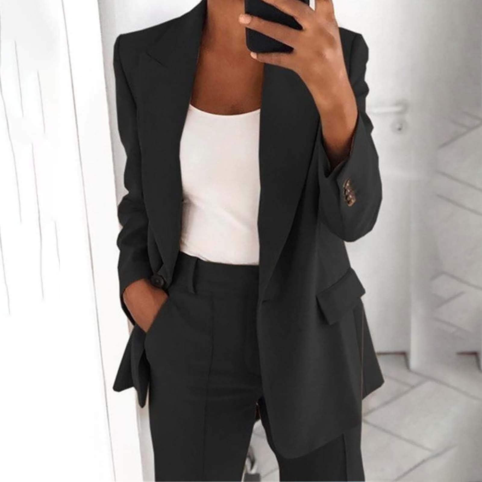 Blazer décontracté à manches bouffantes pour femme - Ouvert sur le devant - Blazer de bureau - Vestes business - Combinaison de travail avec poches - Manteau pour femme - Noir élégant