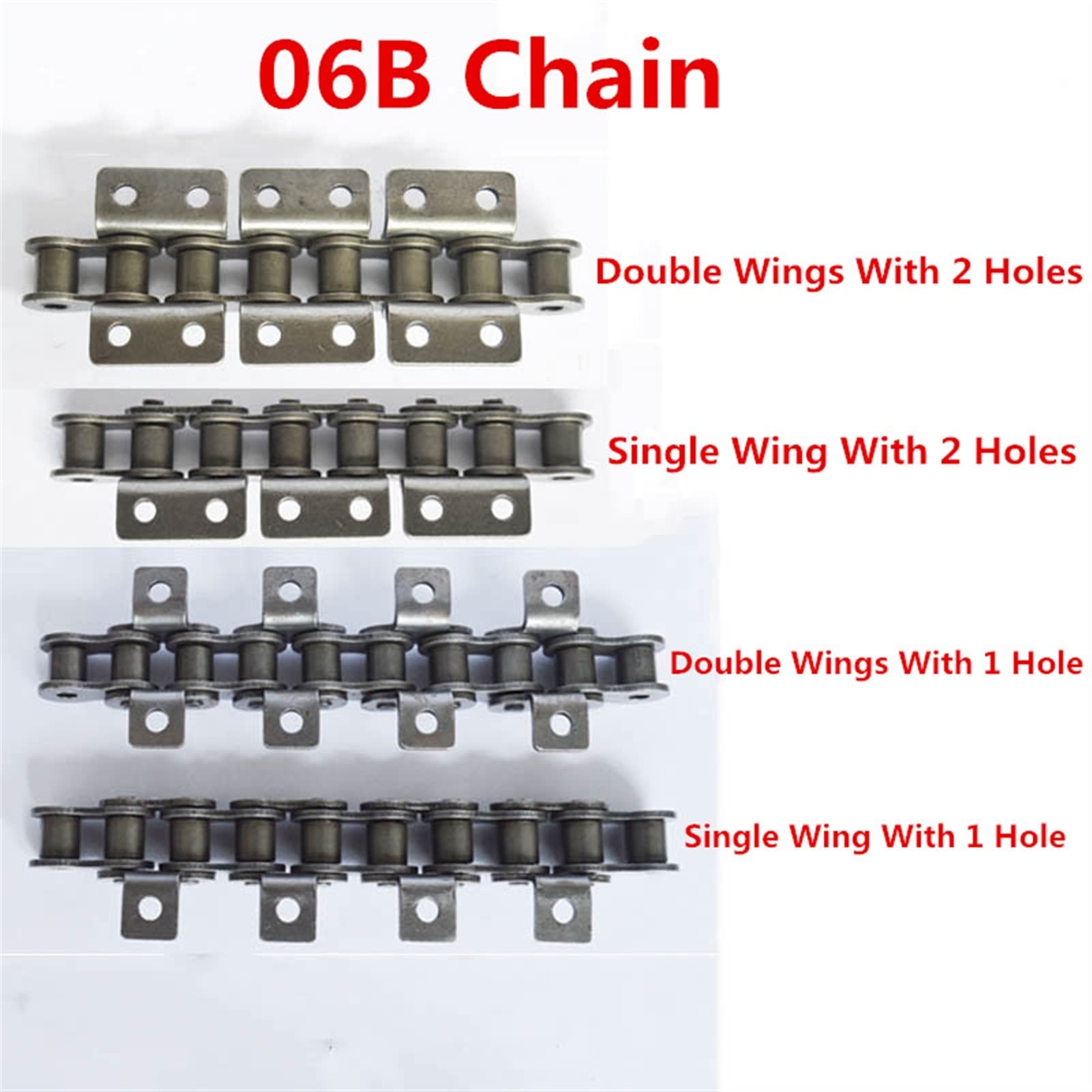 1PCS 1.5M Length 160 Links 06B Double Single Wings 1,2 Holes Short Pitch Conveyor Chain with K1, K2 Attachment MINGPING (Color : 1 Hole, Size : 06B-1_Single Wing)