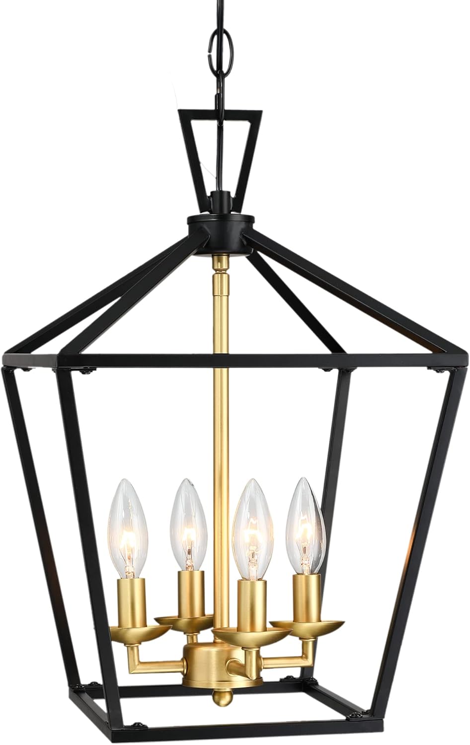 Untrammelife 4-Light Lantern Pendant Light Black and Gold Brushed Brass Kitchen Pendant Light Modern Geometric Chandelier Adjustable Chain Cage Hanging Pendant Light Fixture for Foyer Dining Room
