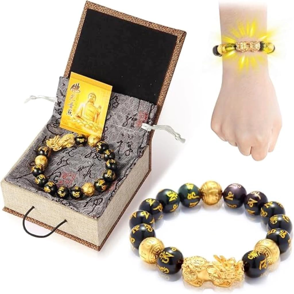 Feng Shui Bracelet 24K Gold Plated PiXiu Bracelet, Obsidian Dragon Protection Meditation Decompression Prayer Beads Lucky Wealth Bracelets for Men Women