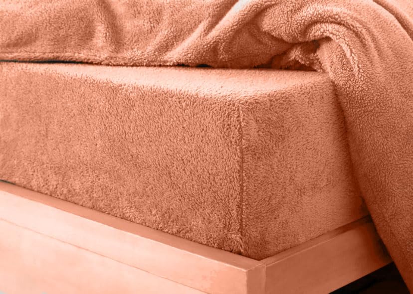 Premium Teddy Sherpa Fleece Fitted Bed Sheet, Super Soft & Cosy Thermal Warm Elasticated Fluffy Plush Plain Cuddly Fitted Sheets Bedsheet, (Tangerine - Super King)